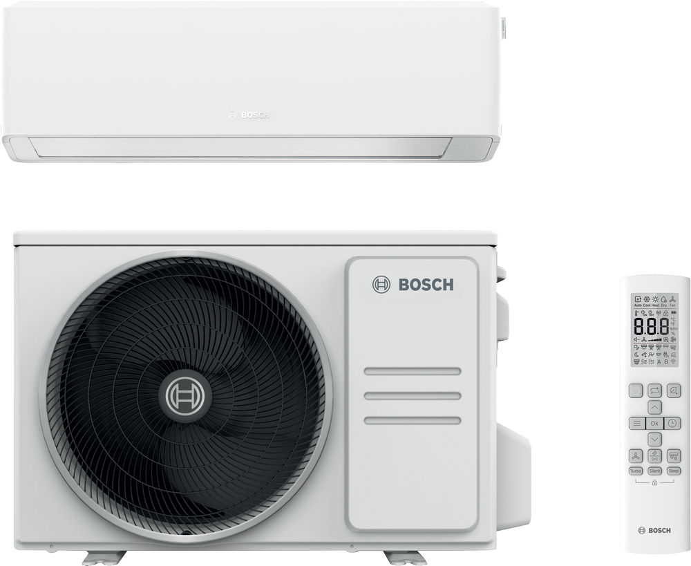 Bosch air conditioning system: wall-mounted indoor unit, outdoor unit and remote control
